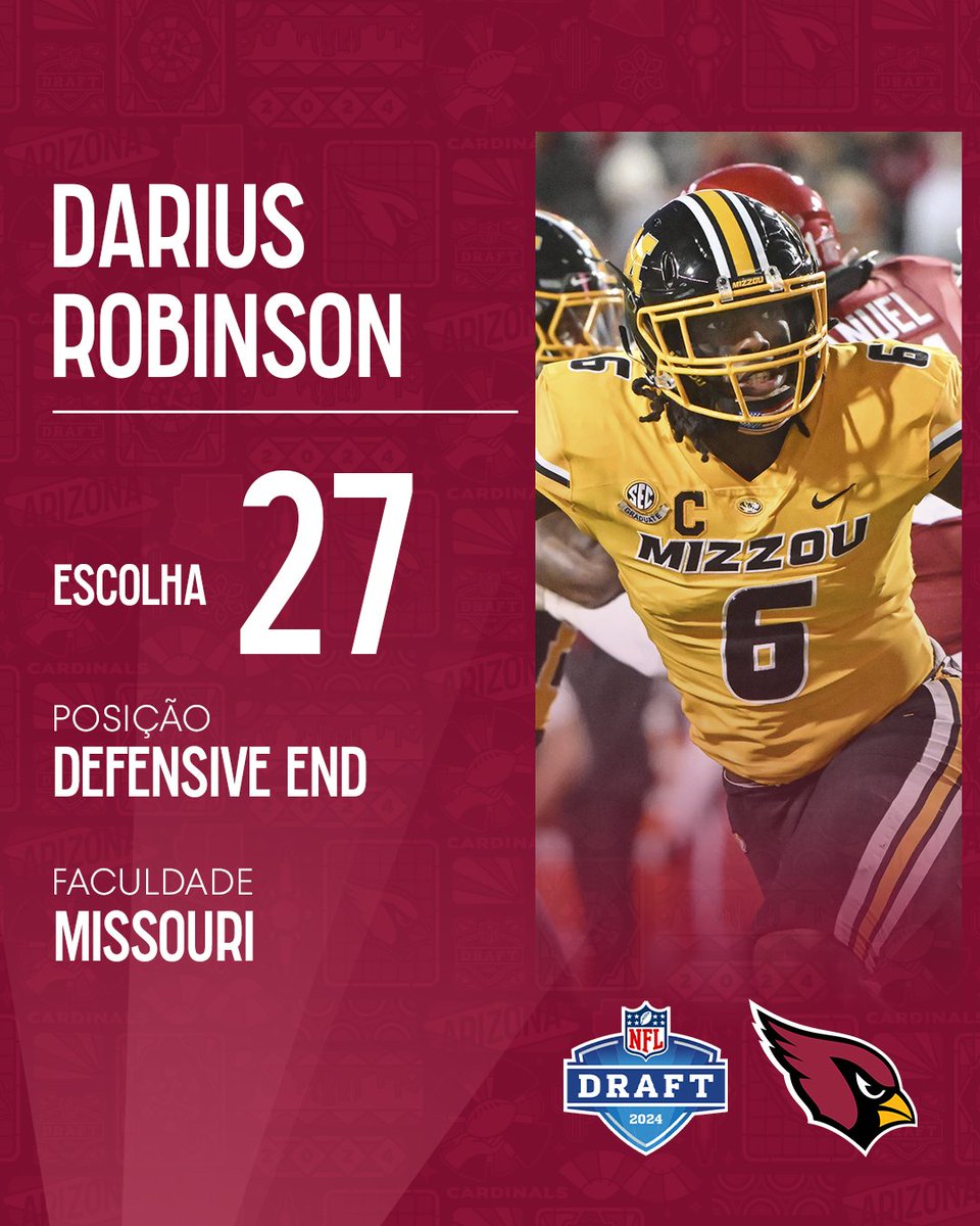 Com a 27ª escolha do #NFLDraft, o Arizona Cardinals seleciona Darius Robinson, DE de Missouri. #NFLBrasil