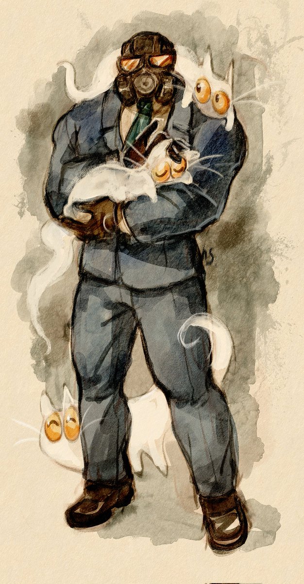 ARGH! It got cropped!
Unknown Agent with his cats. He's a repossession agent that conducts wellness check to upper rank researchers that take specimens home.
