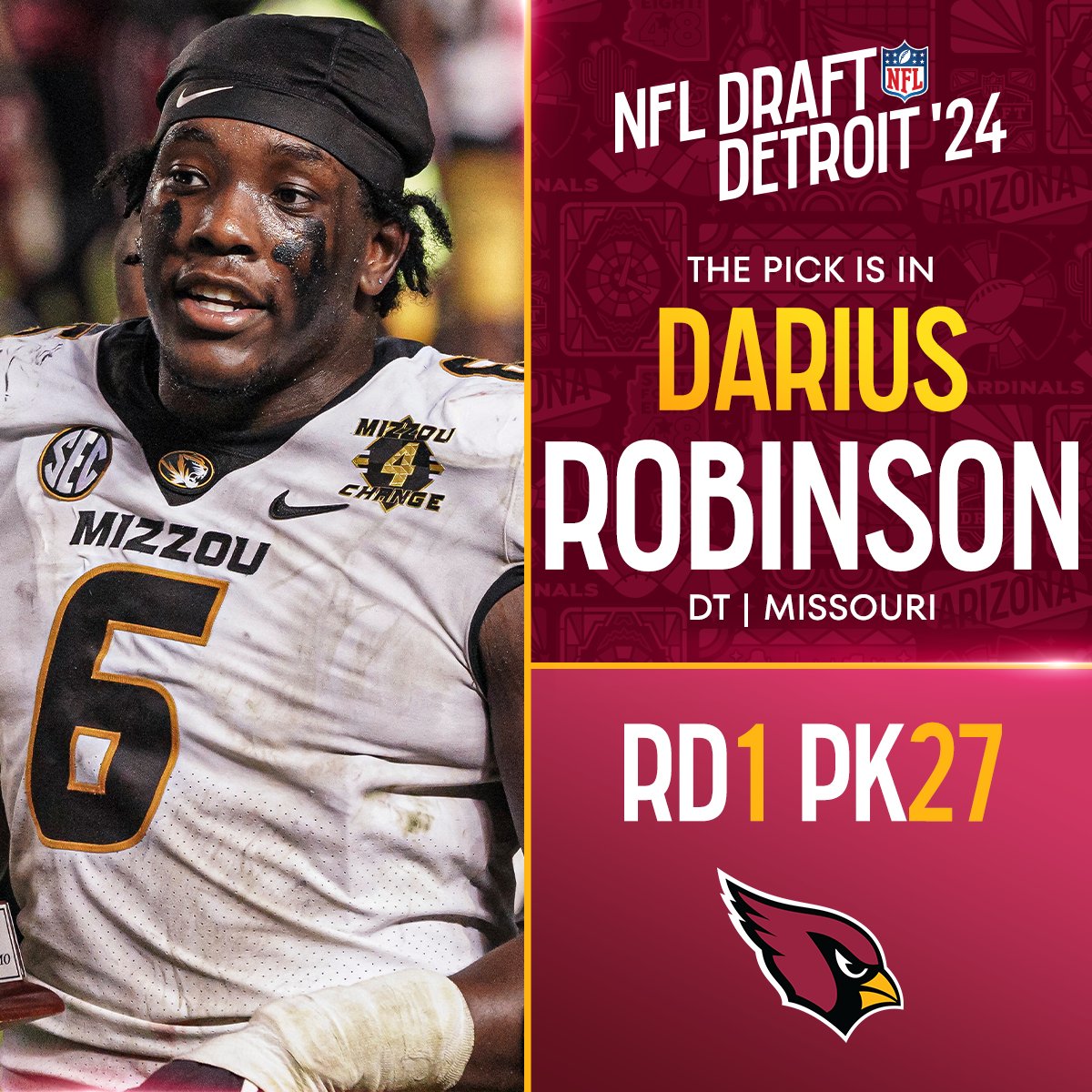 With the No. 27 overall pick in the 2024 <a href="/NFLDraft/">NFL Draft</a>, the <a href="/AZCardinals/">Arizona Cardinals</a> select Darius Robinson! <a href="/NewEraCap/">New Era Cap</a>

📺: #NFLDraft on NFLN/ESPN/ABC
📱: Stream on #NFLPlus
