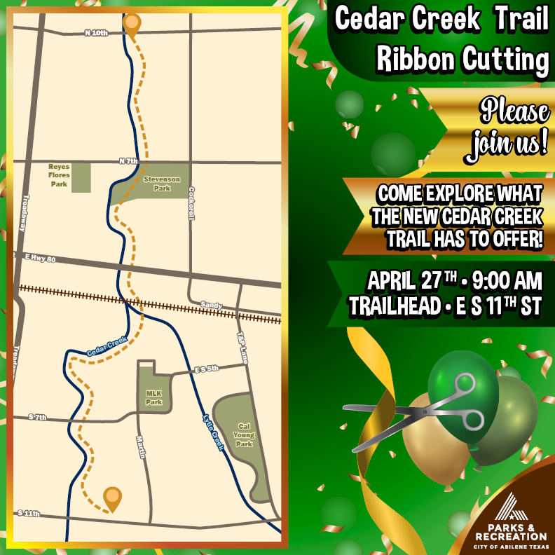 🎉🎈 Celebrate the opening of a new trail at Cedar Creek Park! 🎀✂️ Free to enter, no registration necessary. 👏🤸 #abilene #abilenetx #parksandrecreation #hiking #hikingtrail #ribboncutting 🌈🌞 Please RSVP fb.me/e/21FQaS8WU
