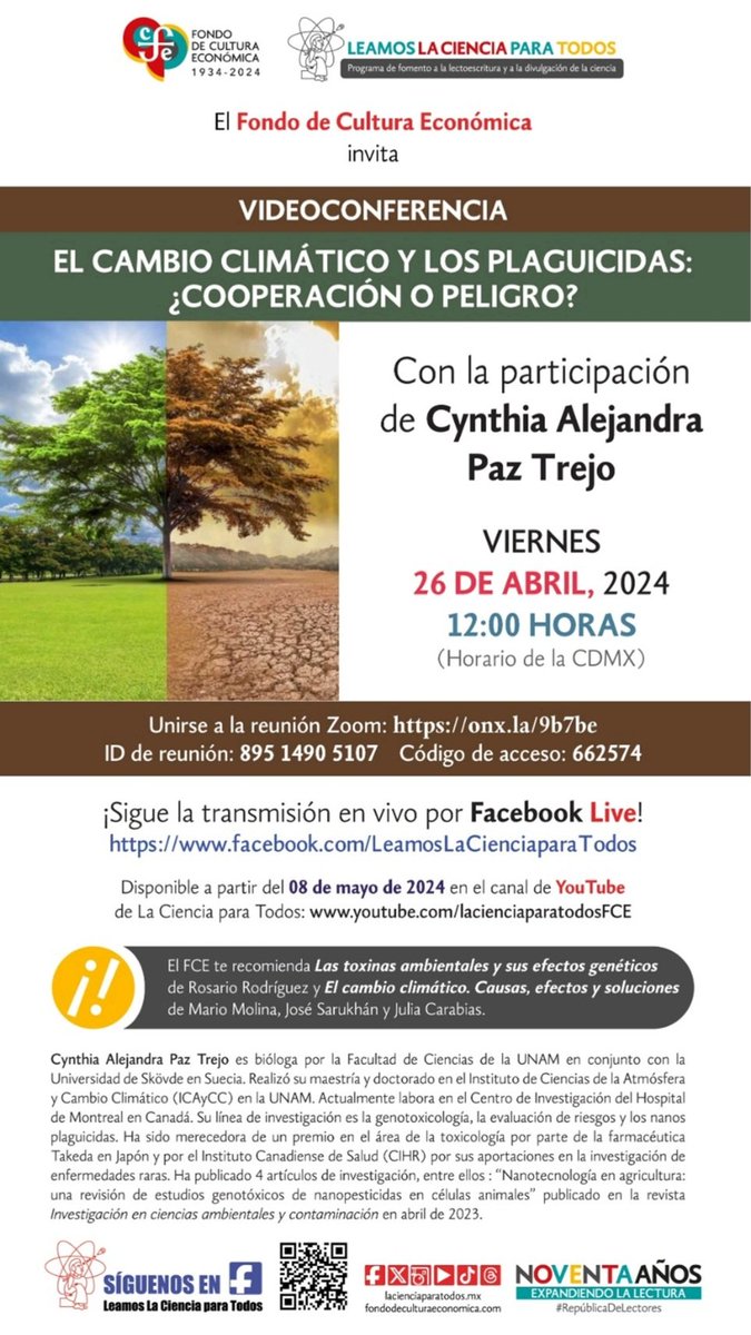 Únete a la #Videoconferencia 'El cambio climático y los plaguicidas: ¿Cooperación o peligro?' con #CynthiaAlejandraPazTrejo, mañana a las 12 hrs.
Sigue la transmisión por el Facebook de #LeamosLaCienciaParaTodos.

@LibreriasEducal
#RepúblicaDeLectores 
#LeerTransforma