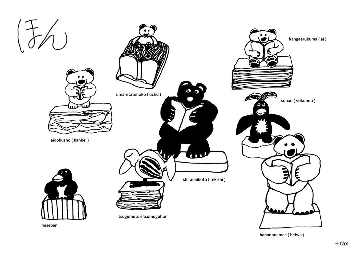 個展の案内図。
「え」は今までに描いてきた絵の中から、今の気分で選んだものを展示しました。なので最近描いたものや、10年前のドローイングなんかも一緒に並んでいます。
「ほん」は本と、それを読む動物との関係性を彫刻にしました。本ってどういう存在だっけ?って考えながらつくった8体です 