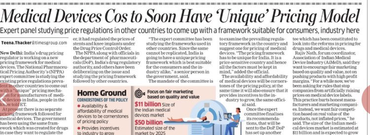 Medical devices companies to soon have 'unique' pricing model. India’s drug pricing regulator is working on a new pricing framework for medical devices. @DeptPharma m.economictimes.com/industry/healt…