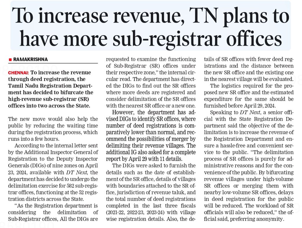 To increase revenue through deed registration, TN Registration department has decided to bifurcate the high-revenue Sub-Registrar offices across the State @dt_next