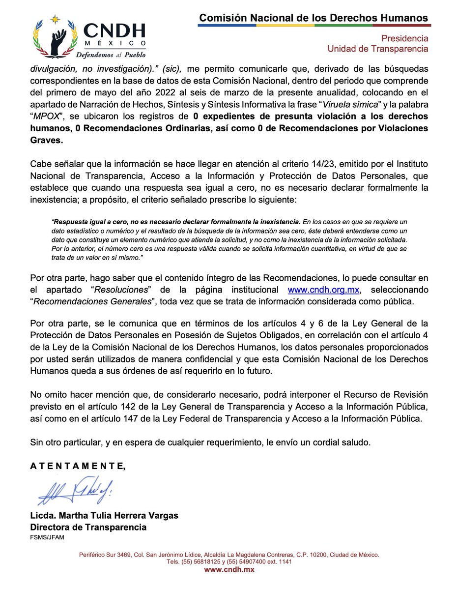 ⚠️ Ayer me contestó la @CNDH una solicitud de información pública sobre #MPox 

En específico pregunté sobre la estrategia de VACUNACIÓN, pero les resumo:

- No se ha vacunado a persona alguna en México 🇲🇽 (A pesar que la @FOPDHMX conminó en noviembre 2022 a la…