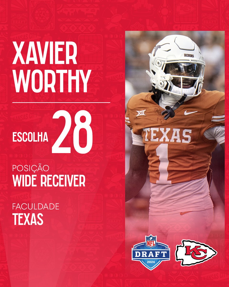 VELOCISTA EM KANSAS CITY! 🔥 Com a 28ª escolha do #NFLDraft, os @Chiefs selecionam o jogador mais rápido da história do NFL Combine: o WR Xavier Worthy, de Texas!