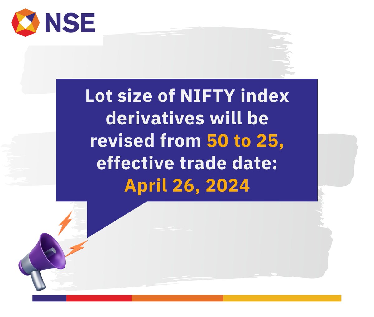 Lot size of NIFTY index derivatives will be revised from 50 to 25, effective from April 26, 2024. For more details refer circular - bit.ly/4bbigyl #NSEIndia #NIFTY #NIFTYINDEXDERIVATIVES @ashishchauhan