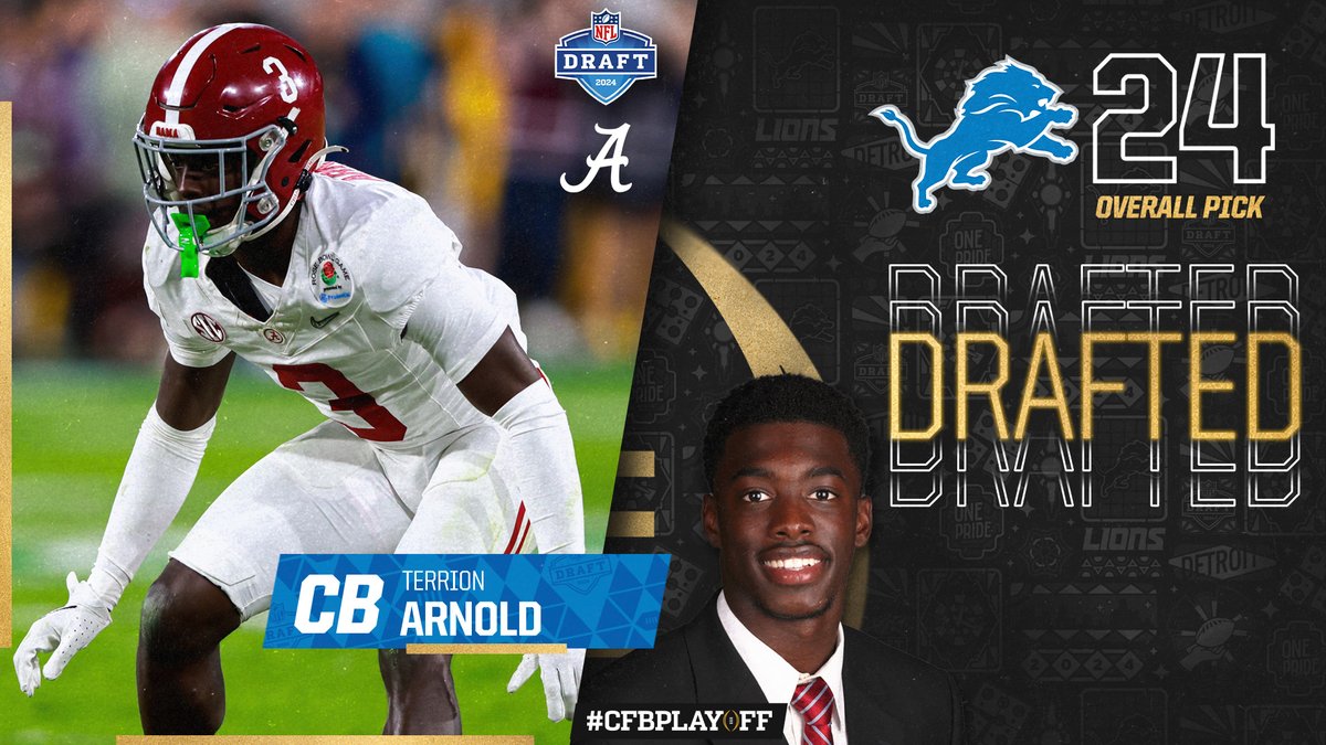 Rolling into the Detroit defense. @AlabamaFTBL CB Terrion Arnold (@ArnoldTerrion) has been selected 24th overall in the 2024 @NFL Draft by the @Lions! #CFBPlayoff