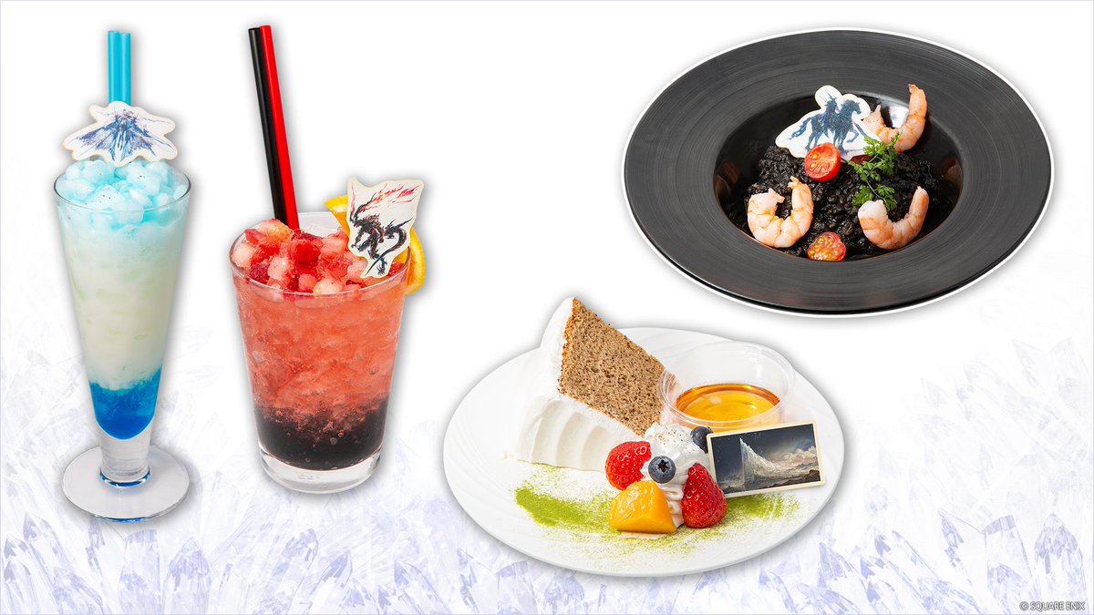 The FFXIV Eorzea Cafe is collaborating with FFXVI?!! 😱 Menu includes a Shiva drink, Ifrit drink, Odin seafood pasta, and Sanbreque chiffon cake 😱