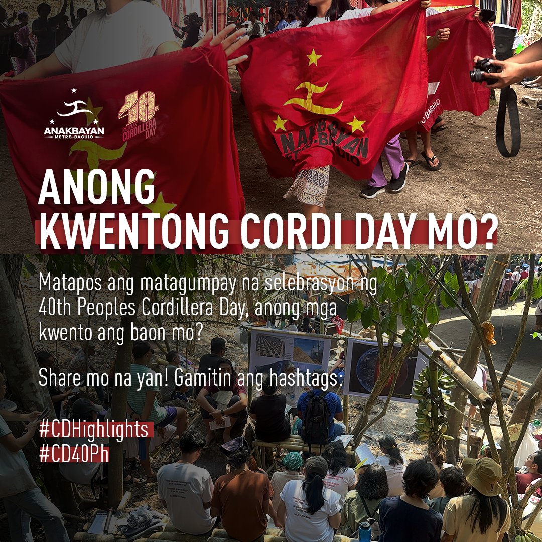 abmetrobaguio's tweet photo. ANONG KWENTONG CORDI DAY MO?

Matapos ang matagumpay na selebrasyon ng 40th Peoples Cordillera Day, anong mga kwento ang baon mo? Share mo na yan!

Gamitin ang hashtags:
#CDHighlights
#CD40Ph https://t.co/BPFxHnITGC