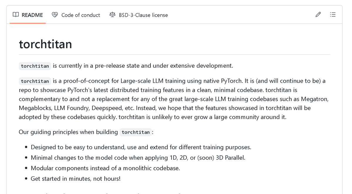 The @PyTorch team is developing a library for large model training called torchtitan 👀 They have scripts to train Llama-3 from scratch The library went public today on GitHub but it is still in pre-release state & active development Check it out → github.com/pytorch/torcht…