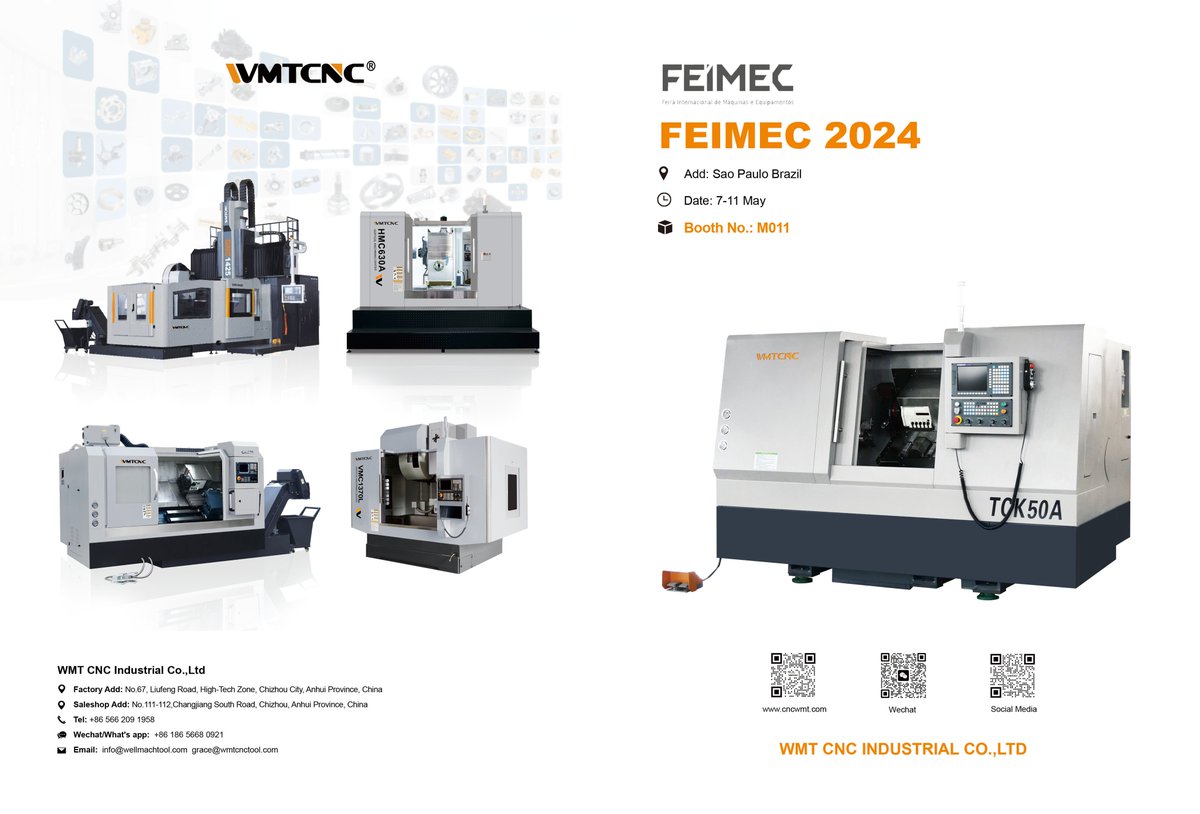 WMTCNC1's tweet image. Exhibition Invitation丨Explore the Latest Technology at FEIMEC 2024👏👏👏

👁 Booth No.: M011
📅 Date：7-11, May, 2024
📍 Venue：Sao Paulo Expo Exhibition &amp;amp; Convention Center | Sao Paulo Expo Brazil

☎️ 0086 18656680921
📮  lwang@wmtcnctool.com

#feimec2024 #brazil #cnc