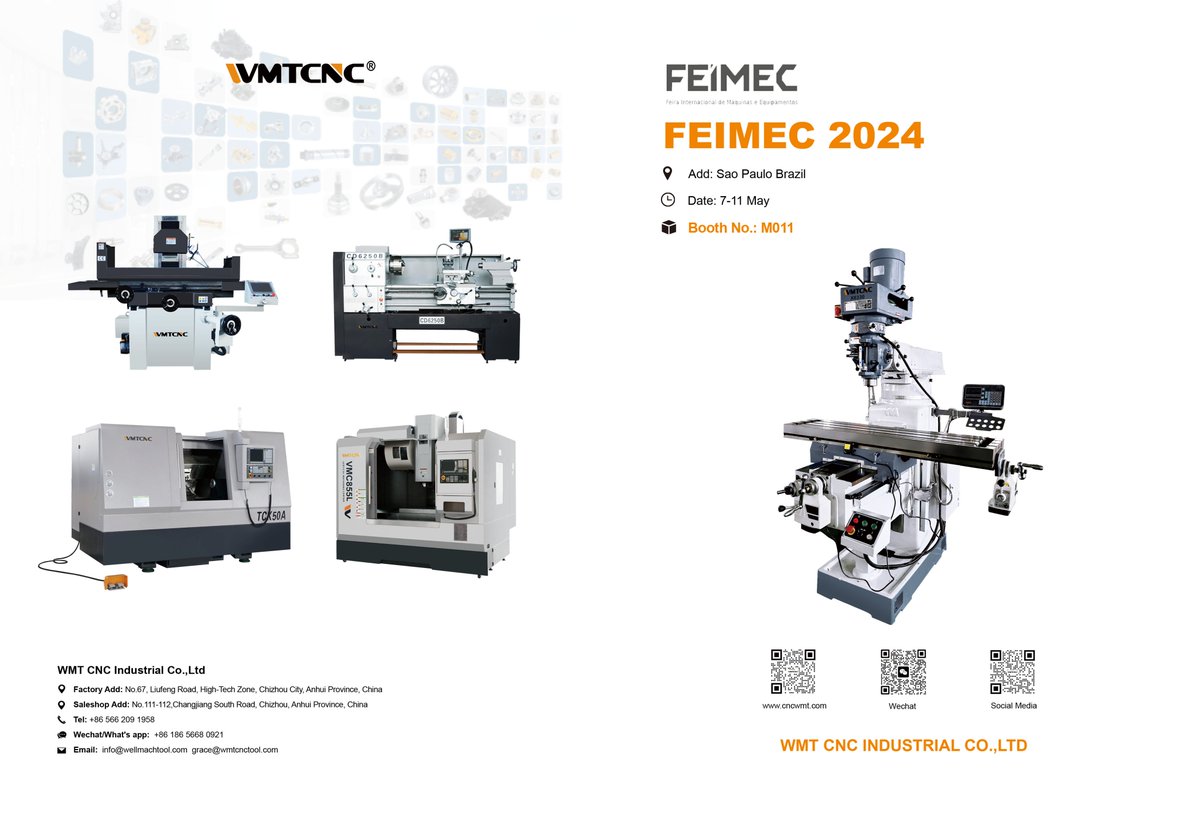 WMTCNC1's tweet image. Exhibition Invitation丨Explore the Latest Technology at FEIMEC 2024👏👏👏

👁 Booth No.: M011
📅 Date：7-11, May, 2024
📍 Venue：Sao Paulo Expo Exhibition &amp;amp; Convention Center | Sao Paulo Expo Brazil

☎️ 0086 18656680921
📮  lwang@wmtcnctool.com

#feimec2024 #brazil #cnc
