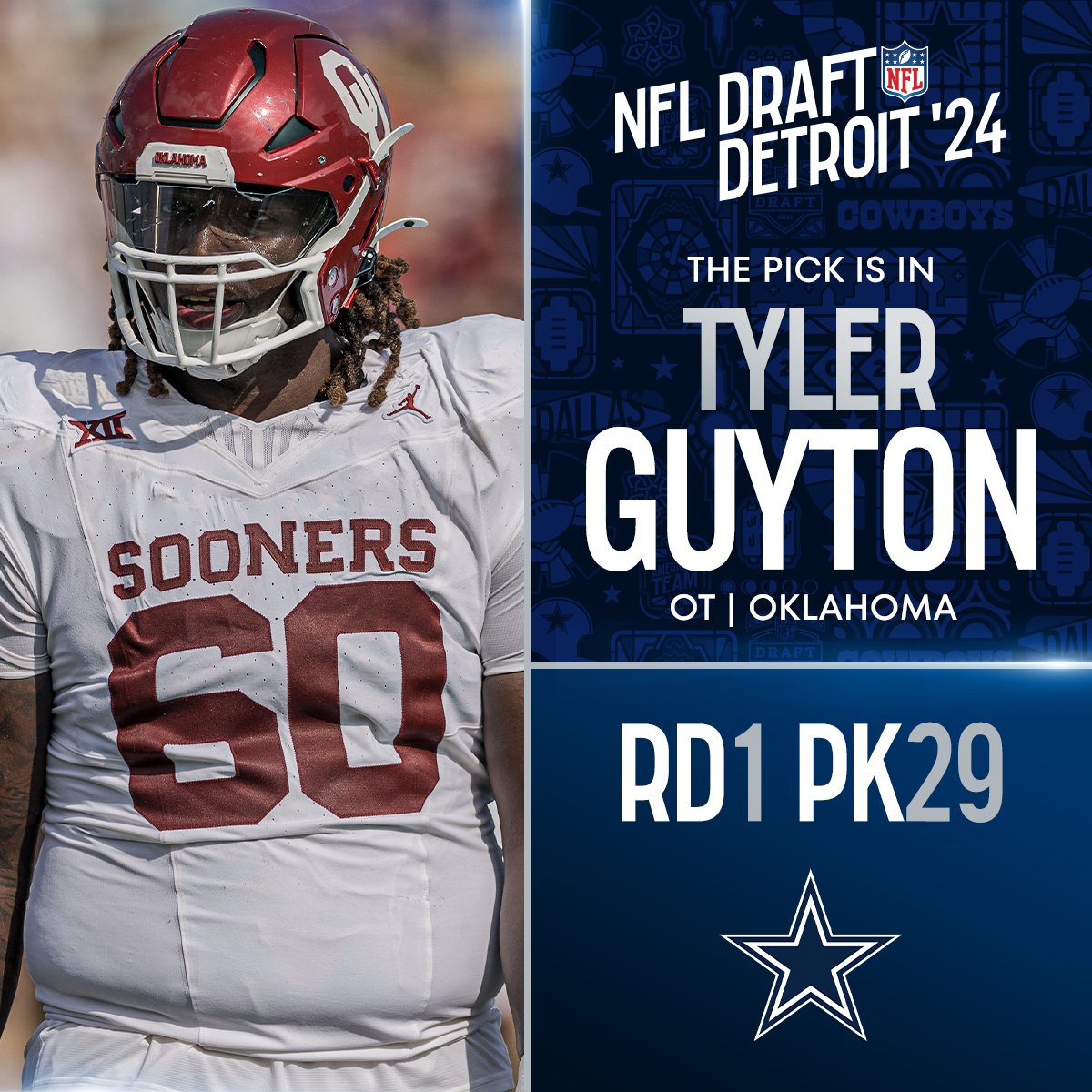 With the No. 29 overall pick in the 2024 @NFLDraft, the @dallascowboys select Tyler Guyton! @NewEraCap 📺: #NFLDraft on NFLN/ESPN/ABC 📱: Stream on #NFLPlus