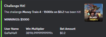 I just got my highest X ever in vc with AGA & Benny ! Money train 4 - 38196,9x spun in for 0.2 ! + won insane 5000 usd TIP from @DDKRewards @ProdigyDDK USE CODE DDK ! GIVEAWAYS in discord general chat and voice call - sent 1.1k and next from the challenge reward!