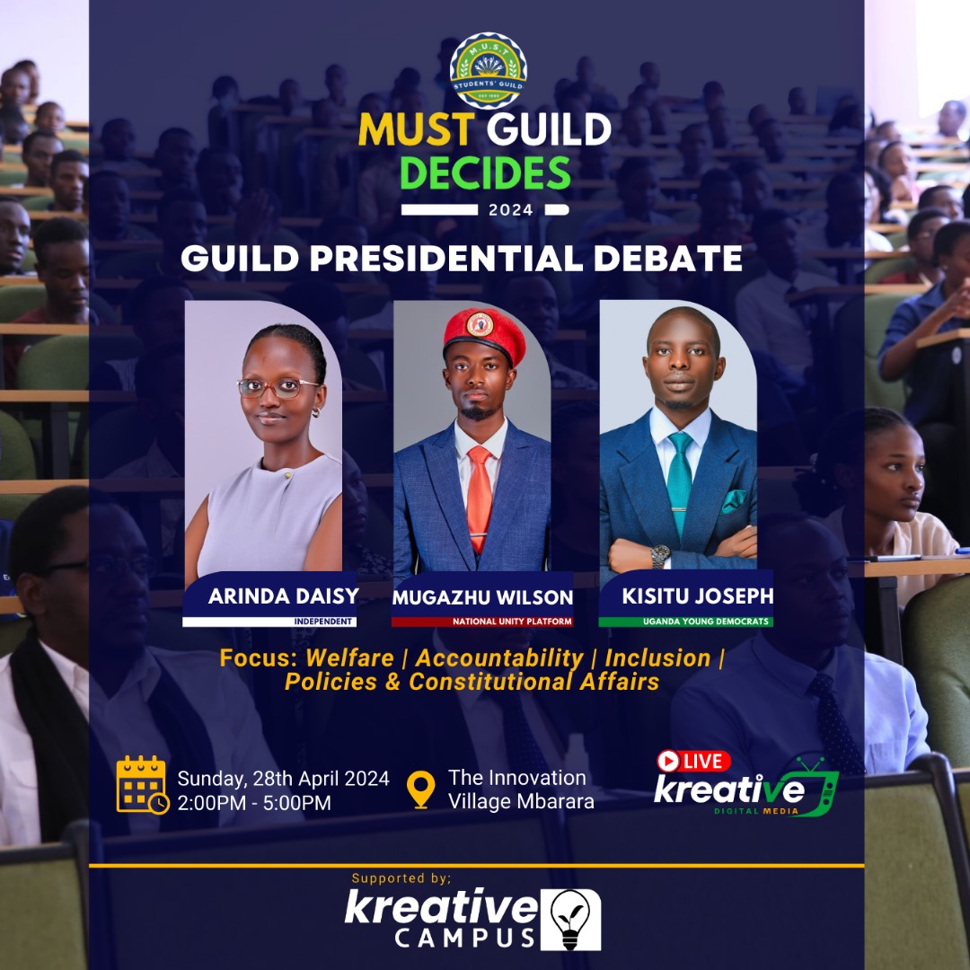 3 CANDIDATES, ONE DREAM 

The Guild Presidential Debate! Happening on the Sunday 28th April 2024 at The Innovation Village.
Don't miss a clash of intellects and the dance of ideas. 
#MUSTDECIDES