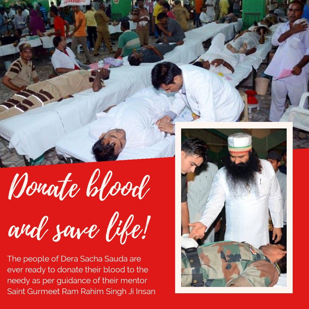 Anyone can #DonateBlood and acn save someone's life... With proper Doctor prescription Saint Dr. MSG encourages his disciples for regular blood donation. He also says don't follow any misconceptions about blood donation..

Blood Donation by DSS volunteers