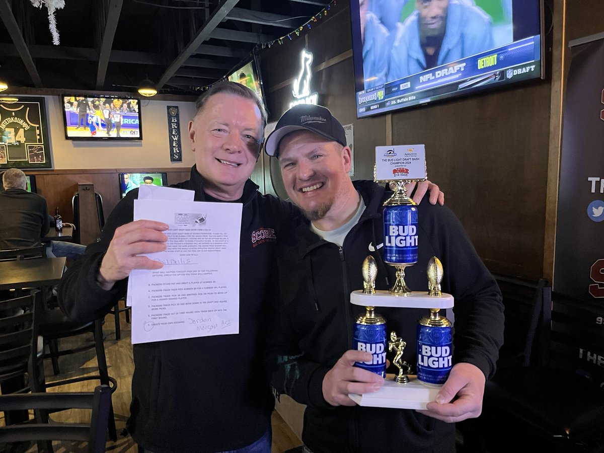 thescorewi's tweet photo. Here’s the back-to-back @budlight #DraftBash champ the Notorious C.U.P. after correctly predicting the @packers would take #JordanMorgan at 25 live at @ScubasPourhouse for the @NFLDraft. https://t.co/oxFWPomapA