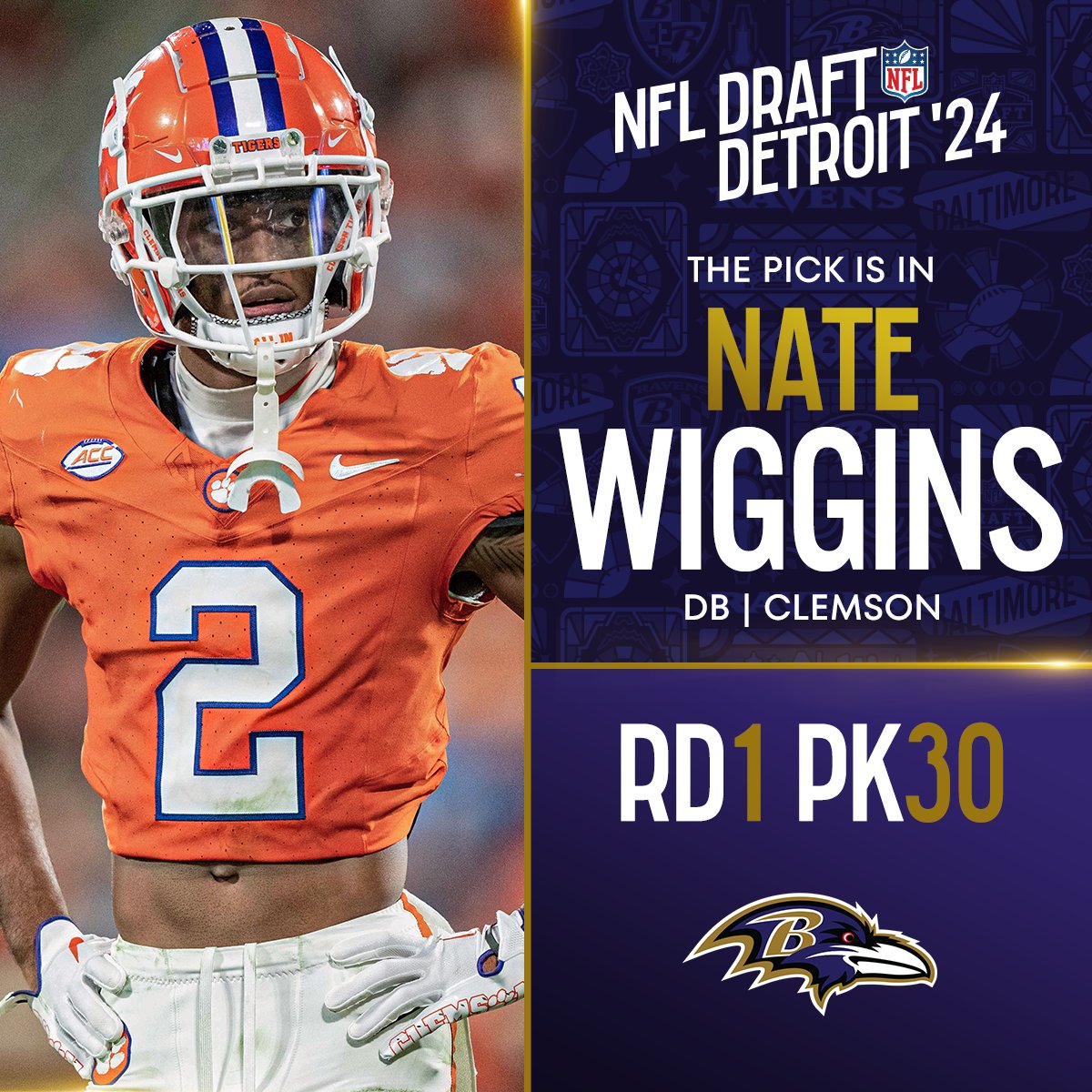 With the No. 30 overall pick in the 2024 @NFLDraft, the @Ravens select Nate Wiggins! @NewEraCap 📺: #NFLDraft on NFLN/ESPN/ABC 📱: Stream on #NFLPlus