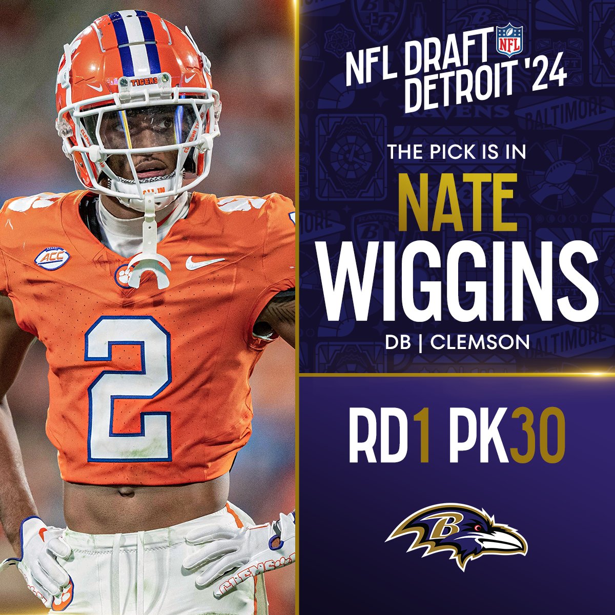 NFL's tweet image. With the No. 30 overall pick in the 2024 @NFLDraft, the @Ravens select Nate Wiggins! @NewEraCap

📺: #NFLDraft on NFLN/ESPN/ABC
📱: Stream on #NFLPlus