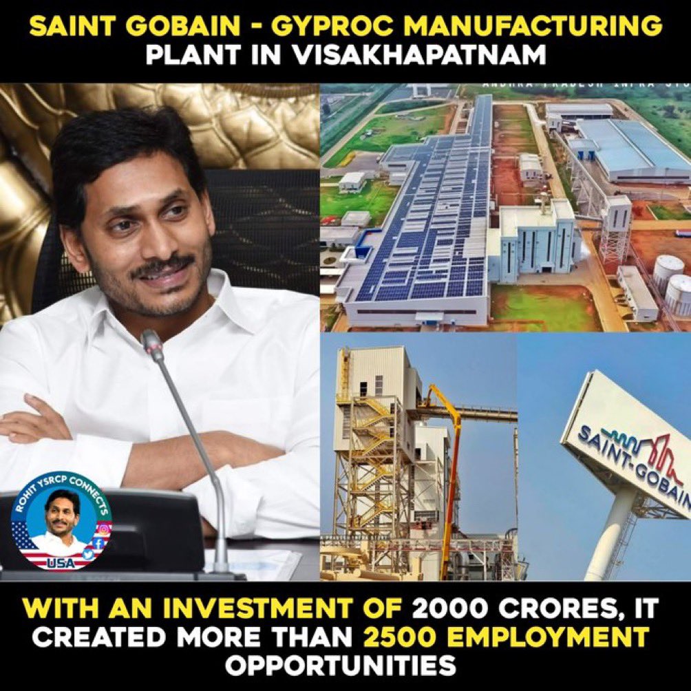 KasulaBalaram's tweet photo. 🔸 Saint Gobain - Gyproc Manufacturing Plant In Visakhapatnam 🏭

▪️Investment : RS. 2000 Crores
▪️Area : 180 Acres
▪️Employment : 2500 People

🔹 Plant Construction Works Started In October 2019 & Production Stared From August 2022

#AndhraPradesh #SaintGobain #Visakhapatnam 
#YSJaganDevelopsAP #WhyAPNeedsJagan #APInfraStory