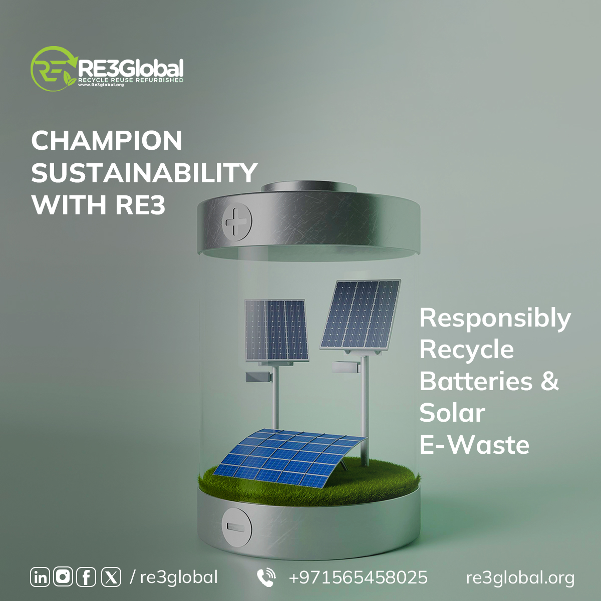 Lead the eco-friendly movement with RE3Circle! We assist in responsibly disposing of batteries and solar panels. Re3global.org

#recyclebatteries #solarewaste #solarpanels #electronicwaste #recycle #reuse #refurbish #uae #dubai #zerowaste