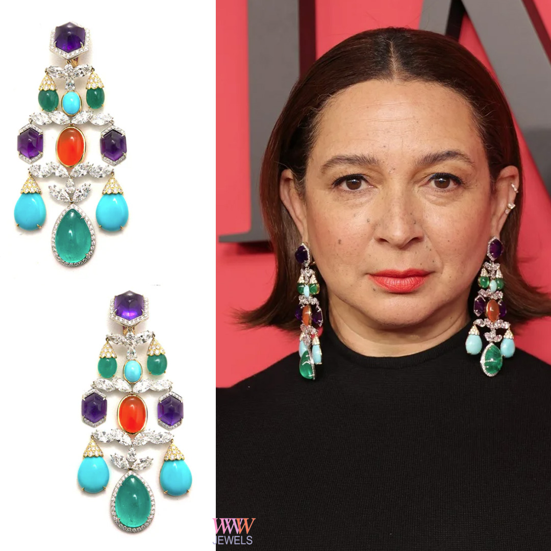 #MayaRudolph ear game at the #TIME100Gala stole the spotlight! Those Grand Girandole earrings by David Webb were pure ear candy: amethysts, emeralds, opals, turquoise, and diamonds worth $585,000! #TIME100