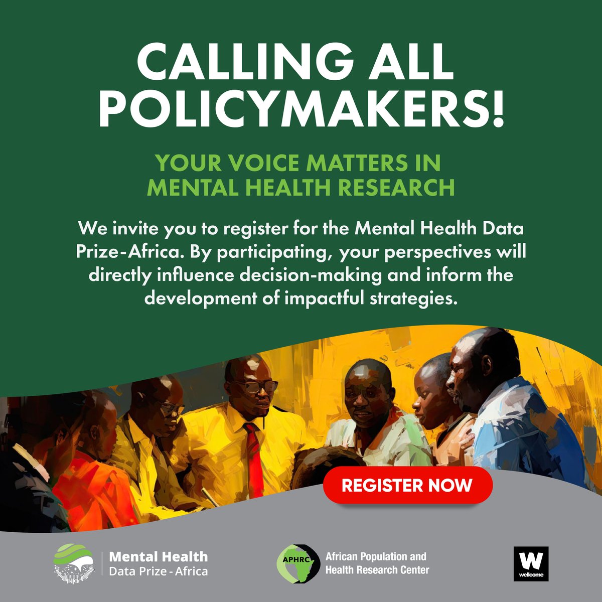 Calling all policymakers!
 Join us in the #MentalHealthDataPrizeAfrica, where your insights can drive impactful solutions. Your perspectives will directly inform the development of strategies for #mentalhealth care.
 Register now!
 tinyurl.com/n23nm2a9
 #DataForChange