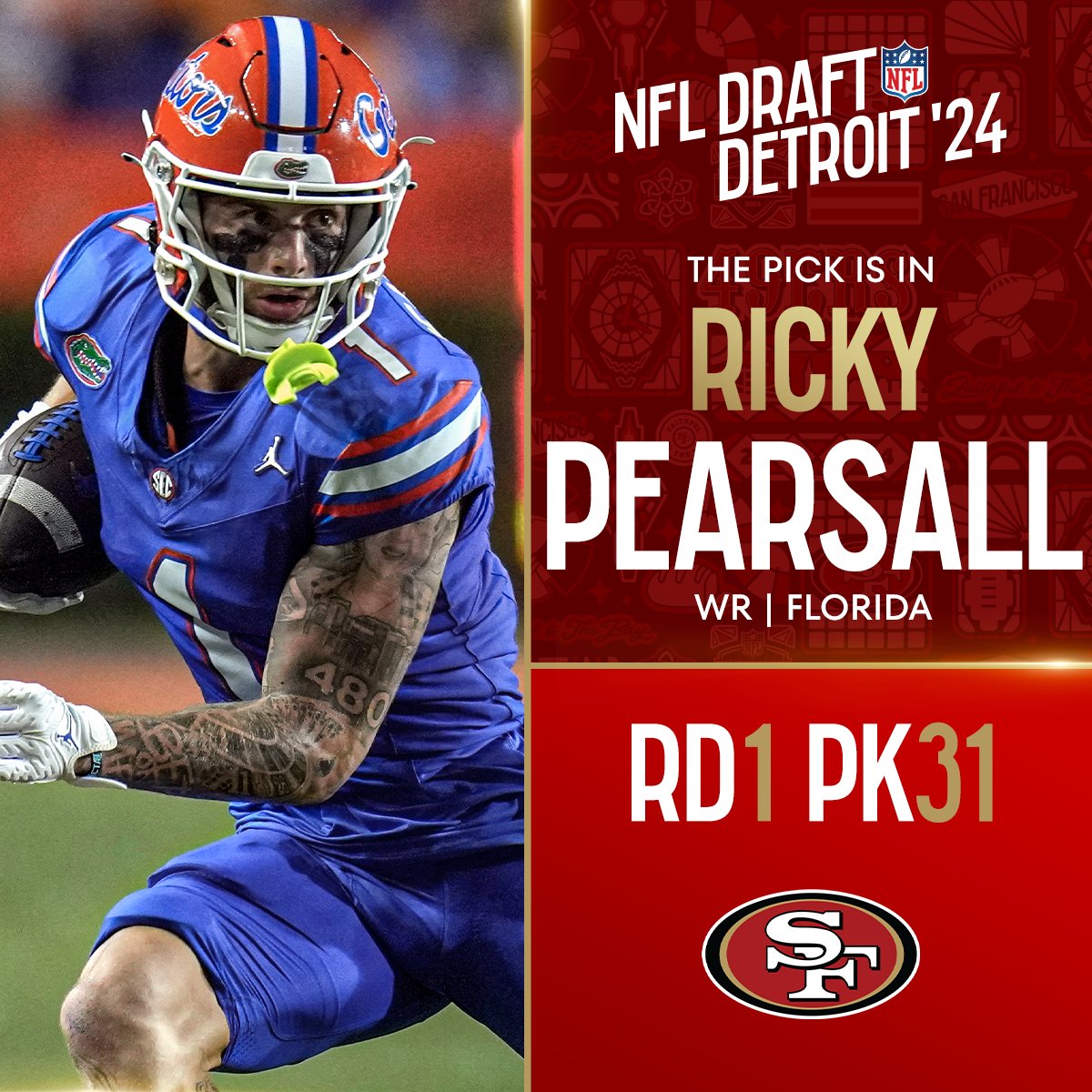 With the No. 31 overall pick in the 2024 <a href="/NFLDraft/">NFL Draft</a>, the <a href="/49ers/">San Francisco 49ers</a> select Ricky Pearsall! <a href="/NewEraCap/">New Era Cap</a>

📺: #NFLDraft on NFLN/ESPN/ABC
📱: Stream on #NFLPlus