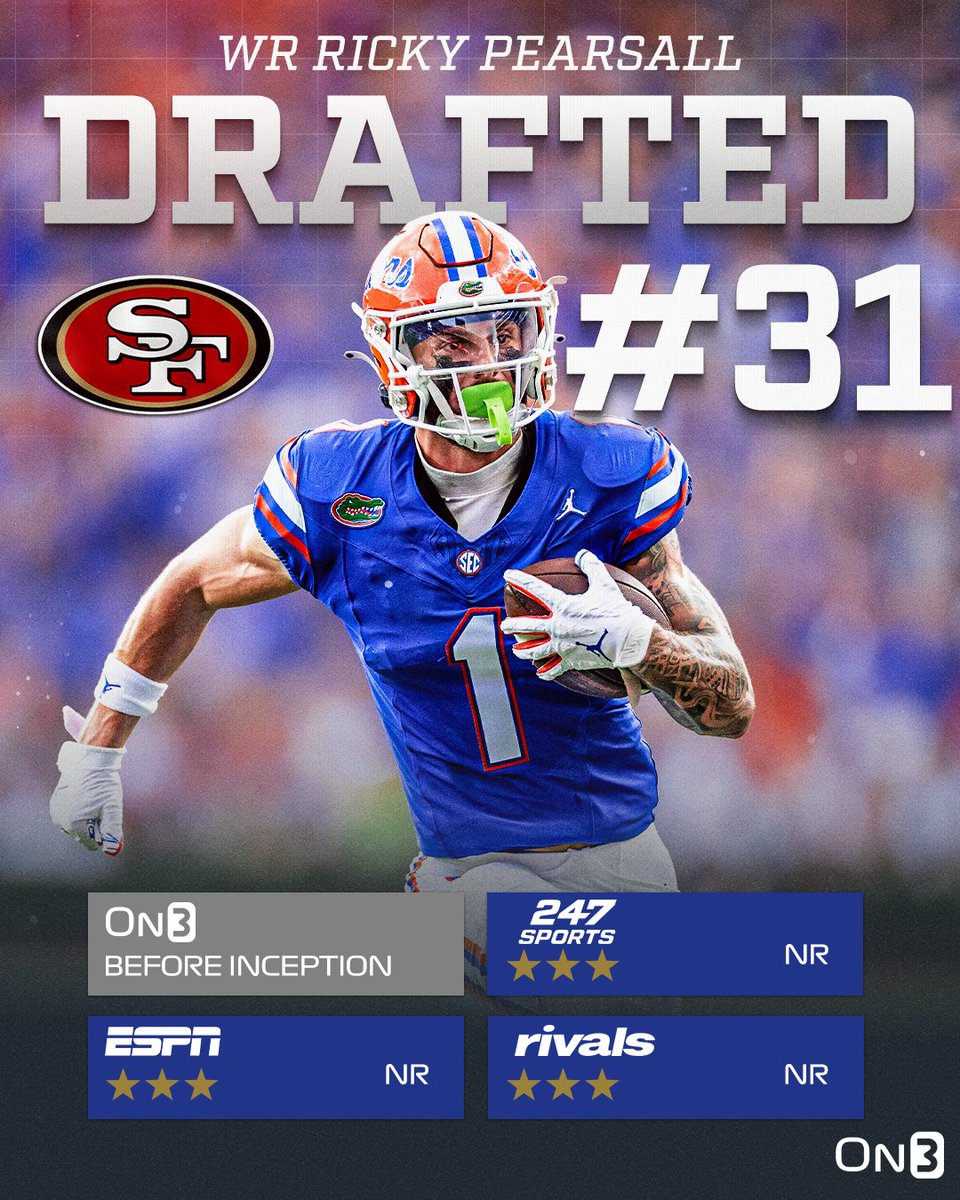 The San Francisco 49ers have selected Florida WR Ricky Pearsall with the 31st pick in the 2024 NFL Draft🐊 on3.com/nfl/draft/2024/
