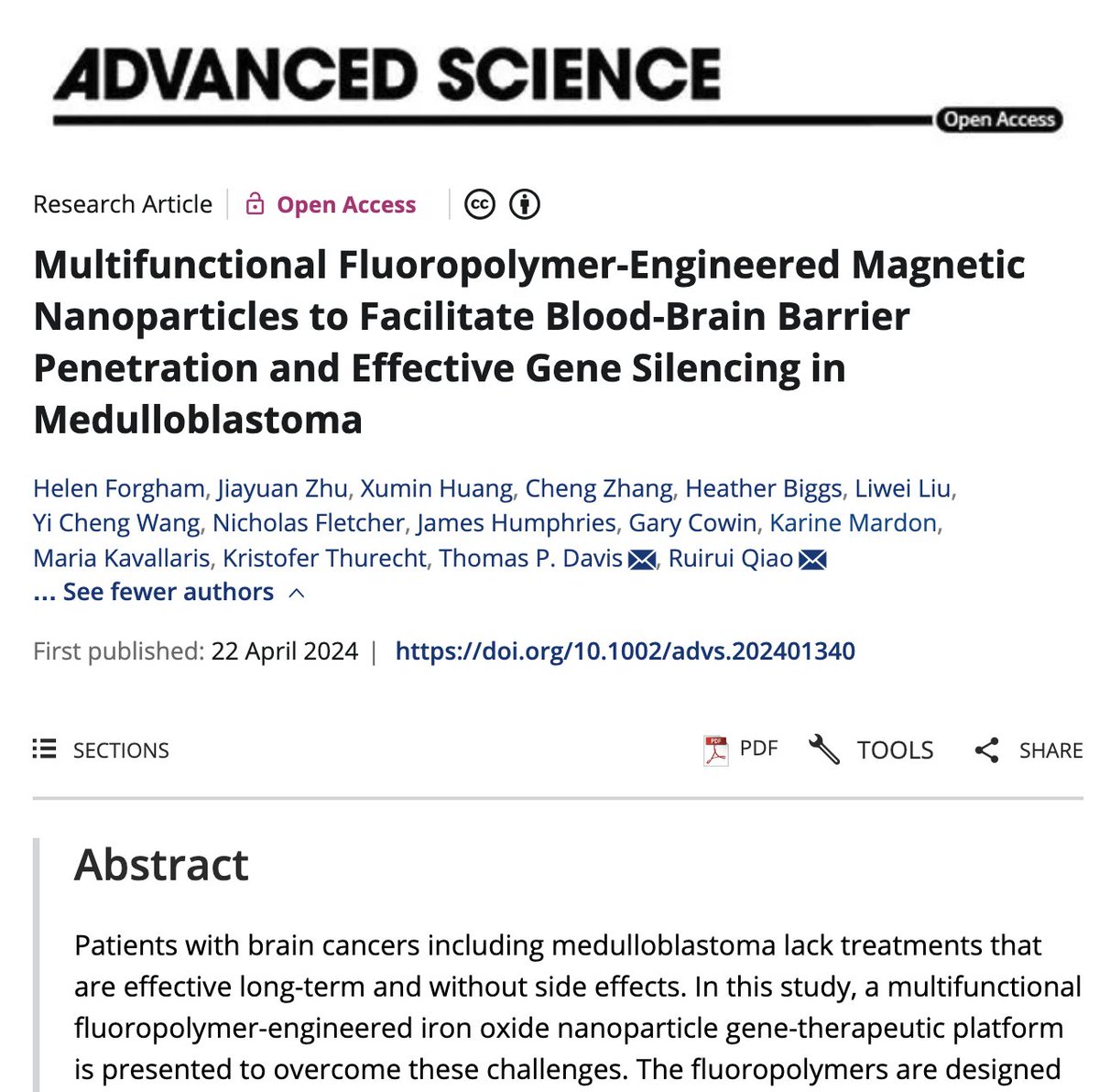 #NewPaper supported by @UQ_CAI:

Multifunctional Fluoropolymer-Engineered Magnetic Nanoparticles to Facilitate Blood-Brain Barrier Penetration & Effective Gene Silencing in Medulloblastoma

doi.org/10.1002/advs.2…

@CZhang0318 @DrNick_RadioBio @MK_CCI @ThurechtGroup @QiaoRuirui