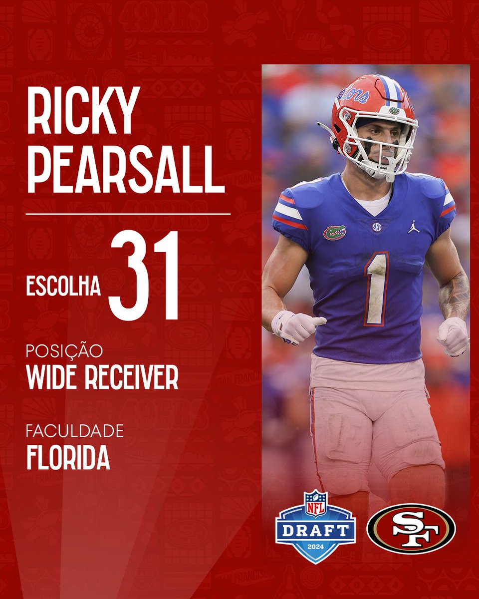 Com a 31ª escolha do #NFLDraft, o San Francisco 49ers seleciona o WR Ricky Pearsall, de Flórida. #NFLBrasil