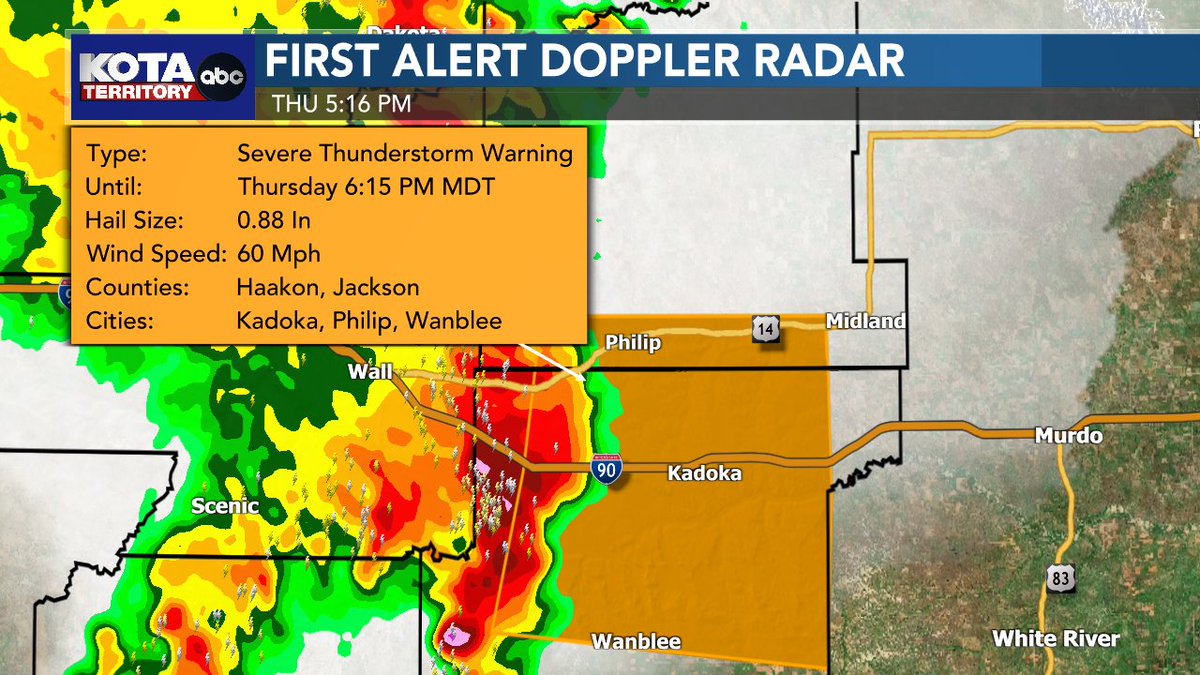 Severe Thunderstorm Warming for Philip, Kadoka, Wanblee, Belvidere and Nowlin until 6:15 PM. 60 mph wind gusts at nickel size hail are the primary threats with this storm moving east at 30 mph.