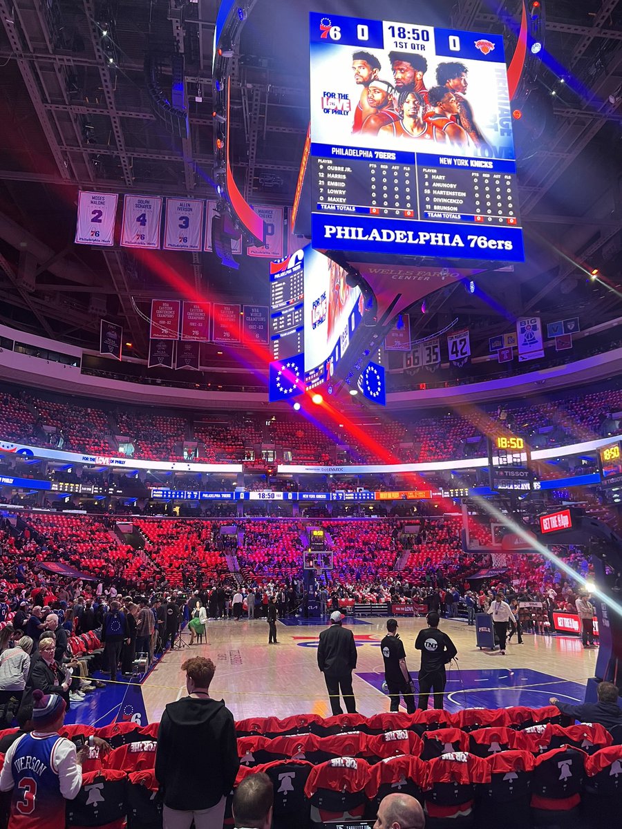 Good evening from Philadelphia, where the Knicks and 76ers are about to tipoff for Game 3. Knicks lead the first-round series, 2-0, but Joel Embiid and the Sixers clearly believe they’re the better team. We’ll find out tonight. Updates to come.