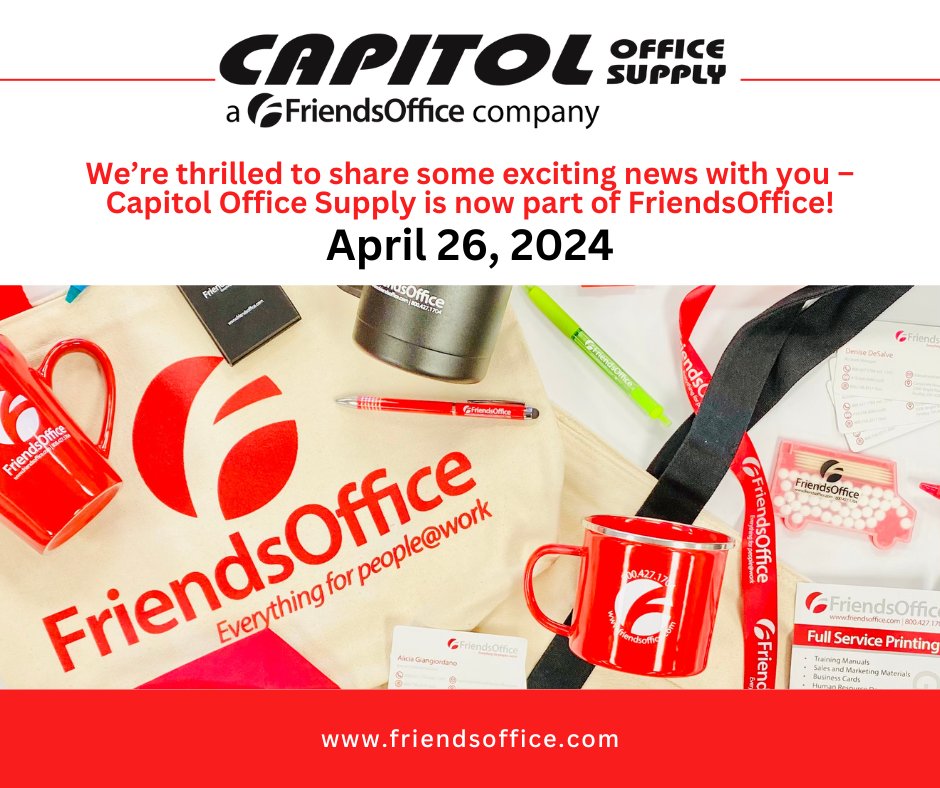 We're very excited to welcome the Capitol Office Supply team into the FriendsOffice family.

For immediate release and for more information, please review this letter: lnkd.in/ge-vXREi
#betterwithFriends