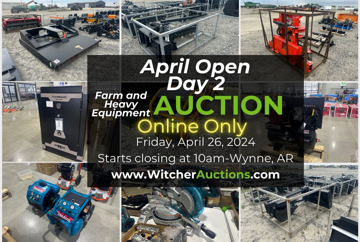 Tomorrow is Day 2 of April Open Farm and Heavy Equipment Online Auction by Witcher Auctions in Wynne, AR, Nearly 1000 items selling tomorrow (April 26, 10 AM CT). Info/bidding: bid.witcherauctions.com/ui/auctions/11…