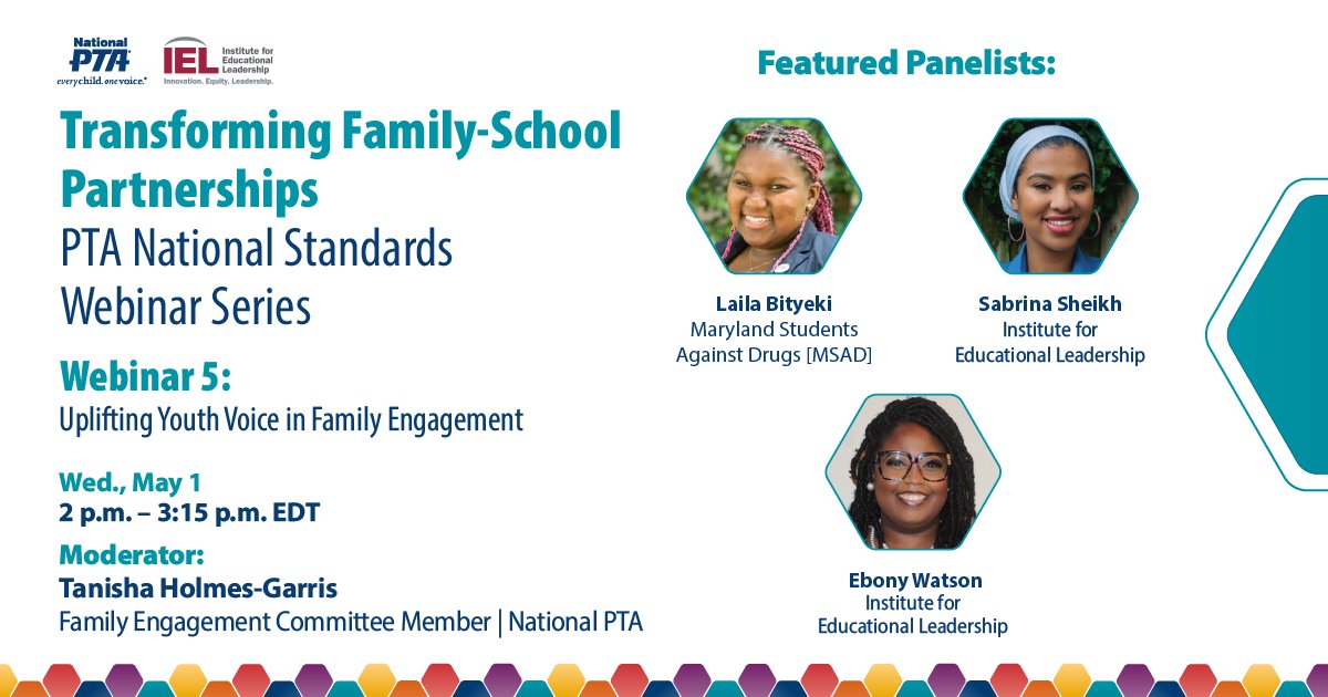 Join National PTA and IEL next Wednesday, May 1 at 2 p.m. EDT for the final webinar in our National Standards Webinar Series! We’ll explore strategies for engaging youth as part of your family engagement efforts. Register now! bit.ly/48ZUILP