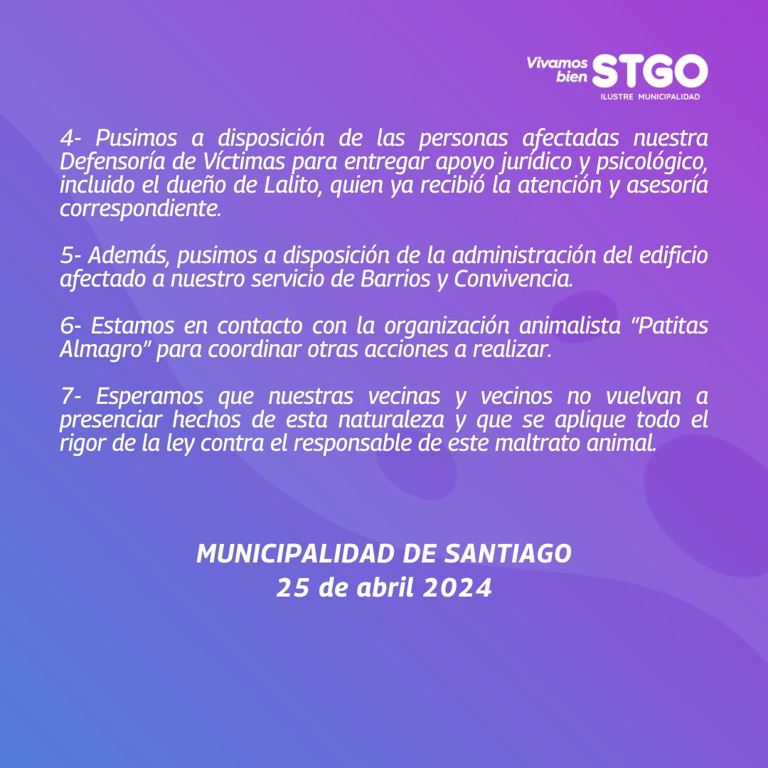 📢 I. Municipalidad de Santiago denuncia ante el Ministerio Público al agresor del perro 'Lalito'. Ante condenable ataque ocurrido en calle Eleuterio Ramírez con Arturo Prat el pasado lunes 22 de abril, señalamos lo siguiente 👇