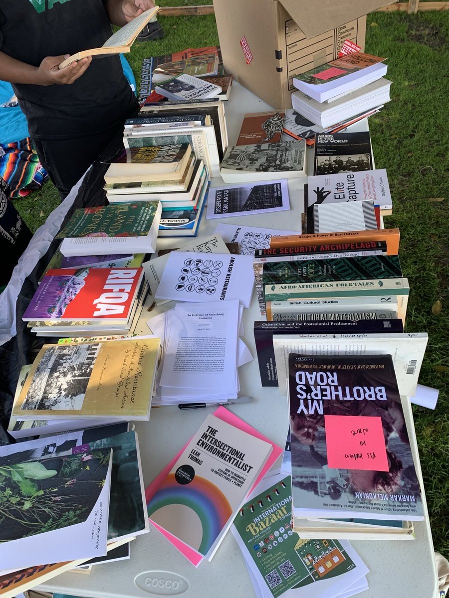 The Refaat Alareer Memorial Library is now open at the Gaza Solidarity Encampment at UCLA, Royce Quad.