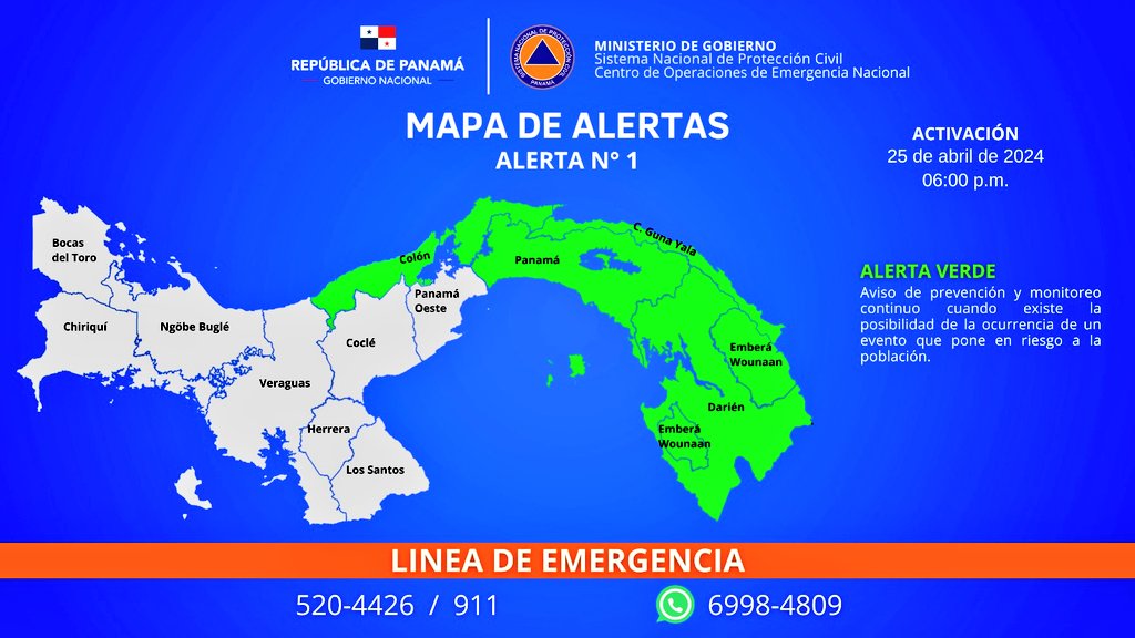 #Panamá 🇵🇦 📡

Se Declara #AlertaVerde 🟢 ante la generación de eventos lluviosos y tormentas significativas a partir de este jueves 25 de abril de 2024 , a las 6:00 p.m.

☎️ Línea de emergencias: 520-4426