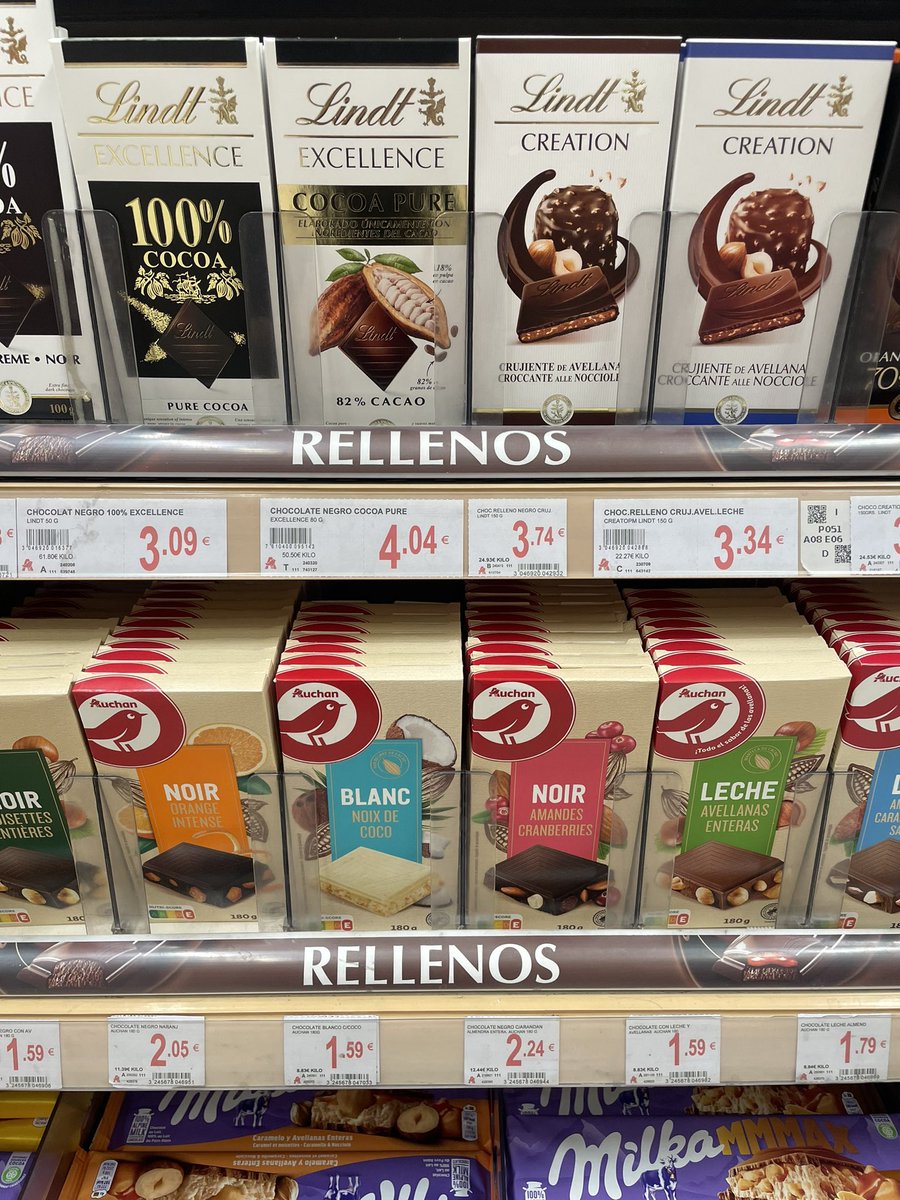 Guerra actual de precios con brecha creciente en el mercado del rico #chocolate entre #marcas anunciantes como @Lindtespana vs #marcas blancas no anunciantes by @Aldi_es y @alcampo. ¿Quién acabará en la 😋🍫 del consumidor?