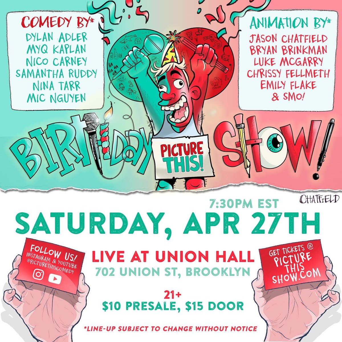 #NY SATURDAY we celebrate being the longest running live animated comedy show in #Brooklyn with @DylanAdler6 @myqkaplan @nicocarney_ @NinaTarr @samlymatters @NewYorkCartoons @bryanbrinkman @ChrissyFellmeth @EmilyFlake & more! 4/27 @UnionHallNY 7:30p eventbrite.com/e/picture-this…