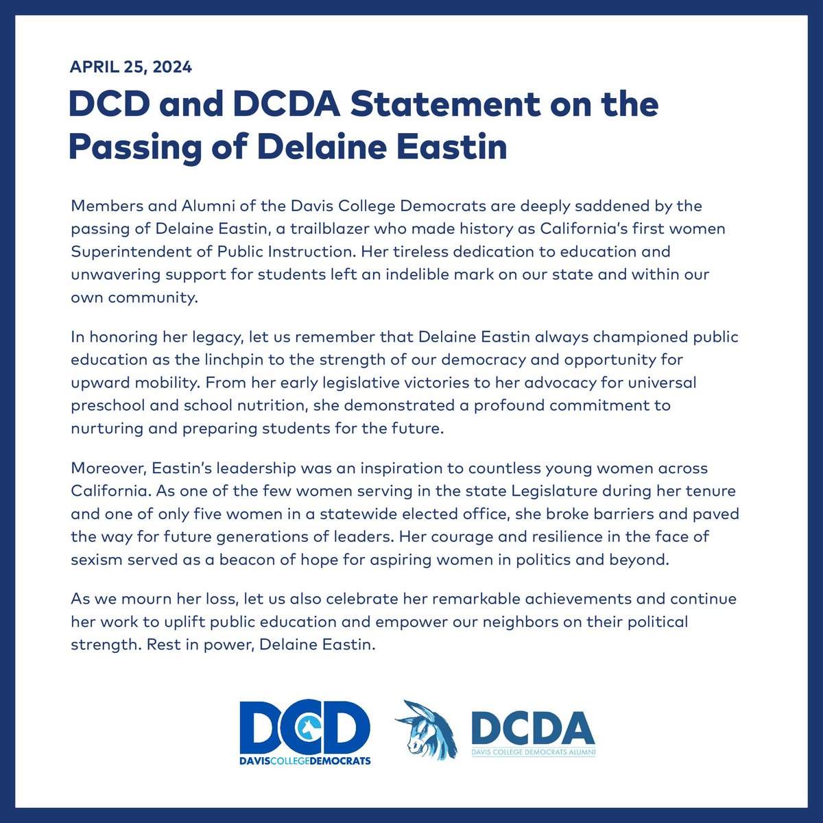 DCD and DCDA’s statement on the passing of former State Superintendent Delaine Eastin.