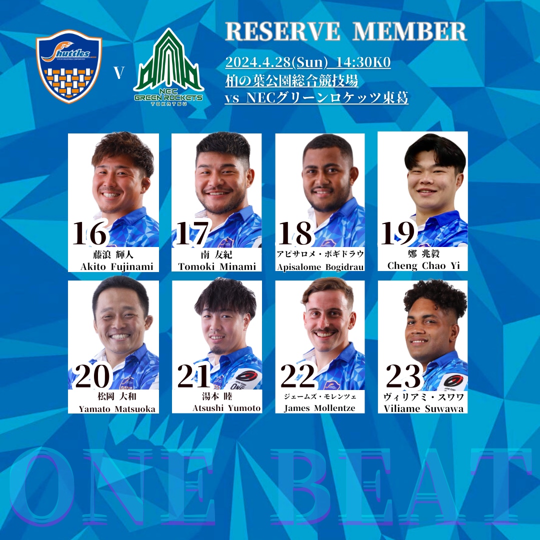 ＼メンバー発表！！／ NTT JAPAN RUGBY LEAGUE ONE 2023-24 順位決定戦 第2節 🕛2024年4月28日(日)14:30KO 🆚NECグリーンロケッツ東葛 🏟柏の葉公園総合競技場 🔥熱い応援よろしくお願いいたします🔥 #豊田自動織機シャトルズ愛知 #ONEBEAT #順位決定戦