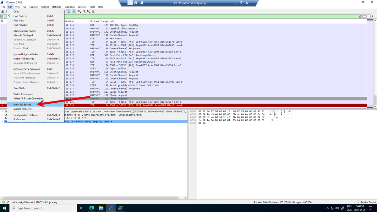 awakecoding's tweet photo. Wireshark now has an easy way to embed TLS pre-master secrets (SSLKEYLOGFILE) into a capture file from the GUI:

Edit -> Inject TLS Secrets

This will make it MUCH easier to save decrypted TLS sessions in a .pcapng file to share with others! https://t.co/nx8hUFF6lj