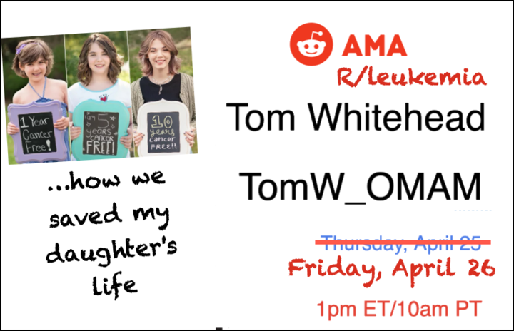Friday 4/26 @Reddit AMA with Tom Whitehead, a father whose daughter was the first to receive a revolutionary #leukemia cure that defied all odds, which was documented in #OfMedicineAndMiracles reddit.com/r/leukemia (rescheduled due to Thursday's Reddit outage) @carlhjune