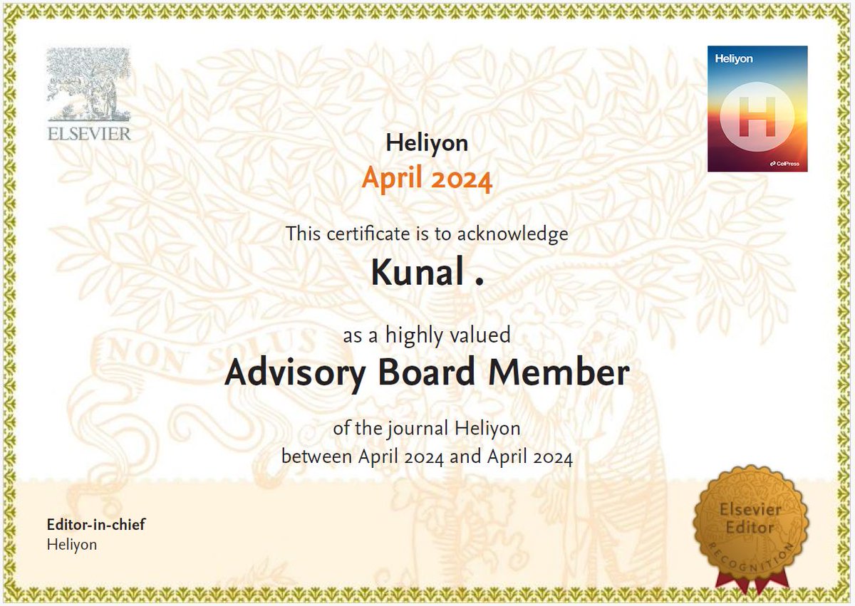 DrKunal_KLab's tweet photo. 🚀 Excited to announce my new role as an Advisory Board Member of Heliyon journal, published by Cell Press! Thrilled to contribute to shaping the future of scholarly publishing and advancing research in Agricultural Sciences.
#Heliyon #CellPress #AcademicResearch #SGTUniversity https://t.co/I7mOTBPpmk
