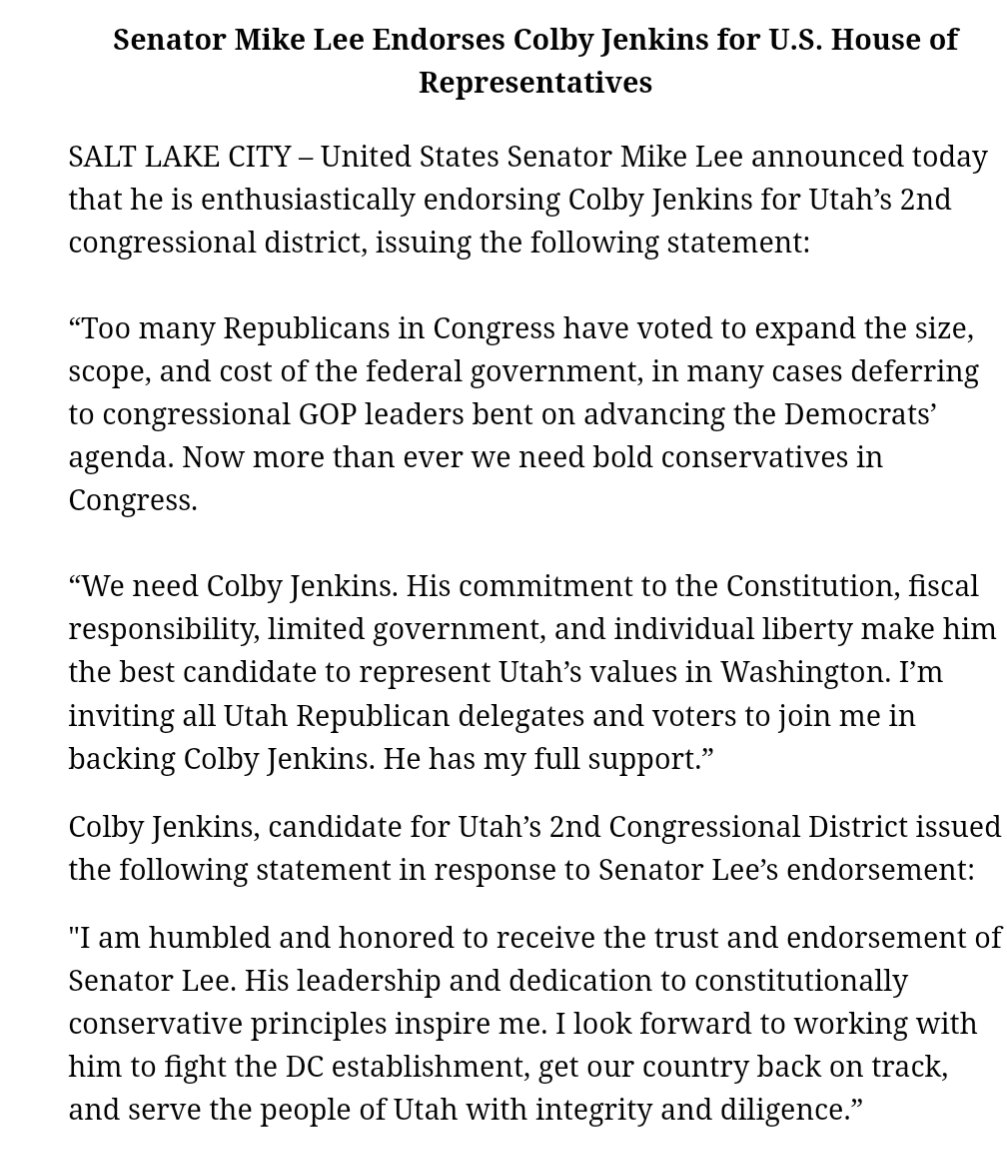 BIG #UTPOL INTRIGUE: @BasedMikeLee is endorsing Colby Jenkins for the seat currently held by Rep. @CelesteMaloyUT in #CD2. It's BIG because Lee is a rockstar among delegates and Maloy isn't gathering signatures. Now it becomes a fight at convention to see who moves on 👀👀