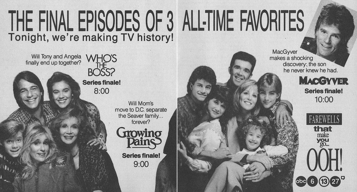 ABC sitcoms “Who’s The Boss”? and “Growing Pains” concluded on this day in 1992. “Who’s The Boss?” aired for eight seasons, with “Growing Pains” at seven. Also ending was the original 'MacGyver,' starring Richard Dean Anderson, which ran for seven seasons. dlvr.it/T61hKj