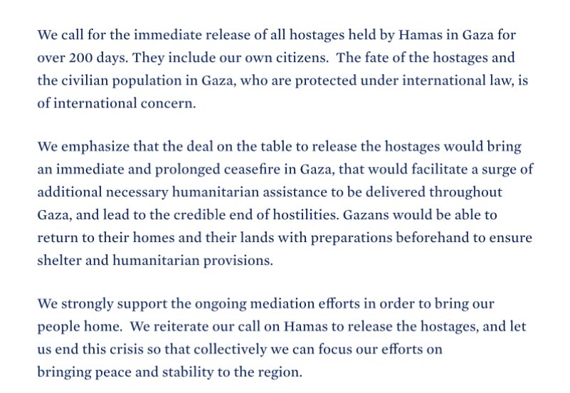 Joint Statement from the Leaders of the United States, Argentina, Austria, Brazil, Bulgaria, Canada, Colombia, Denmark, France, Germany, Hungary, Poland, Portugal, Romania, Serbia, Spain, Thailand, and the United Kingdom Calling for the Release of the Hostages Held in Gaza